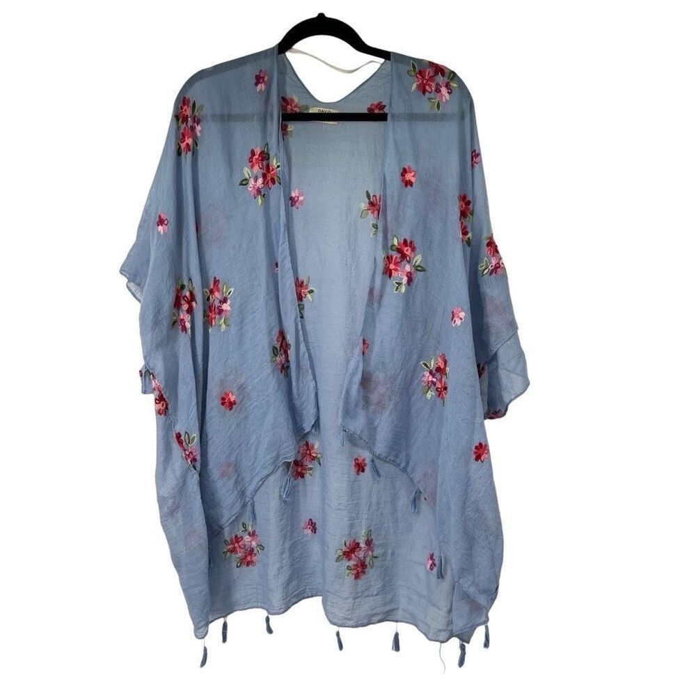 David‎ and Young Blue Floral Embroidered Shawl Kimono Swim Cover Up OS Women’s